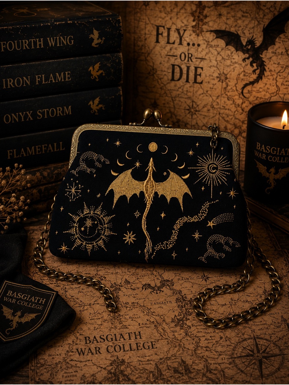 Black & Gold Dragon Embroidered Chain Crossbody Clutch